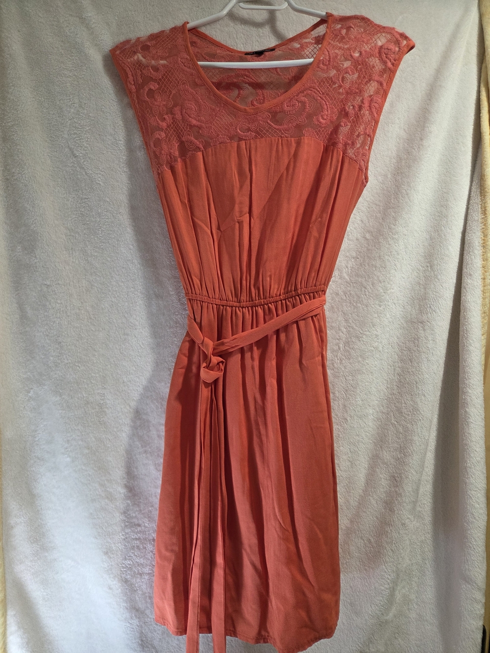 Women's Coral Lace Yoke Belted Dress
